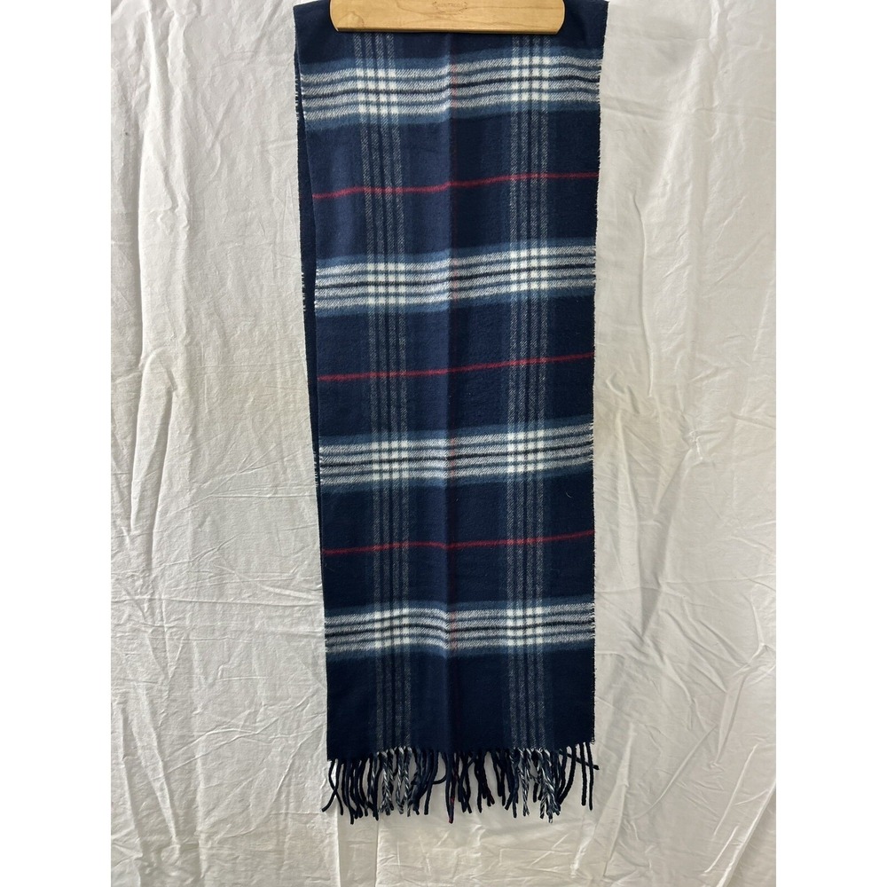Vintage Field Manor Cashmink Scarf Blue White Red Plaid Fringe Made in Germany